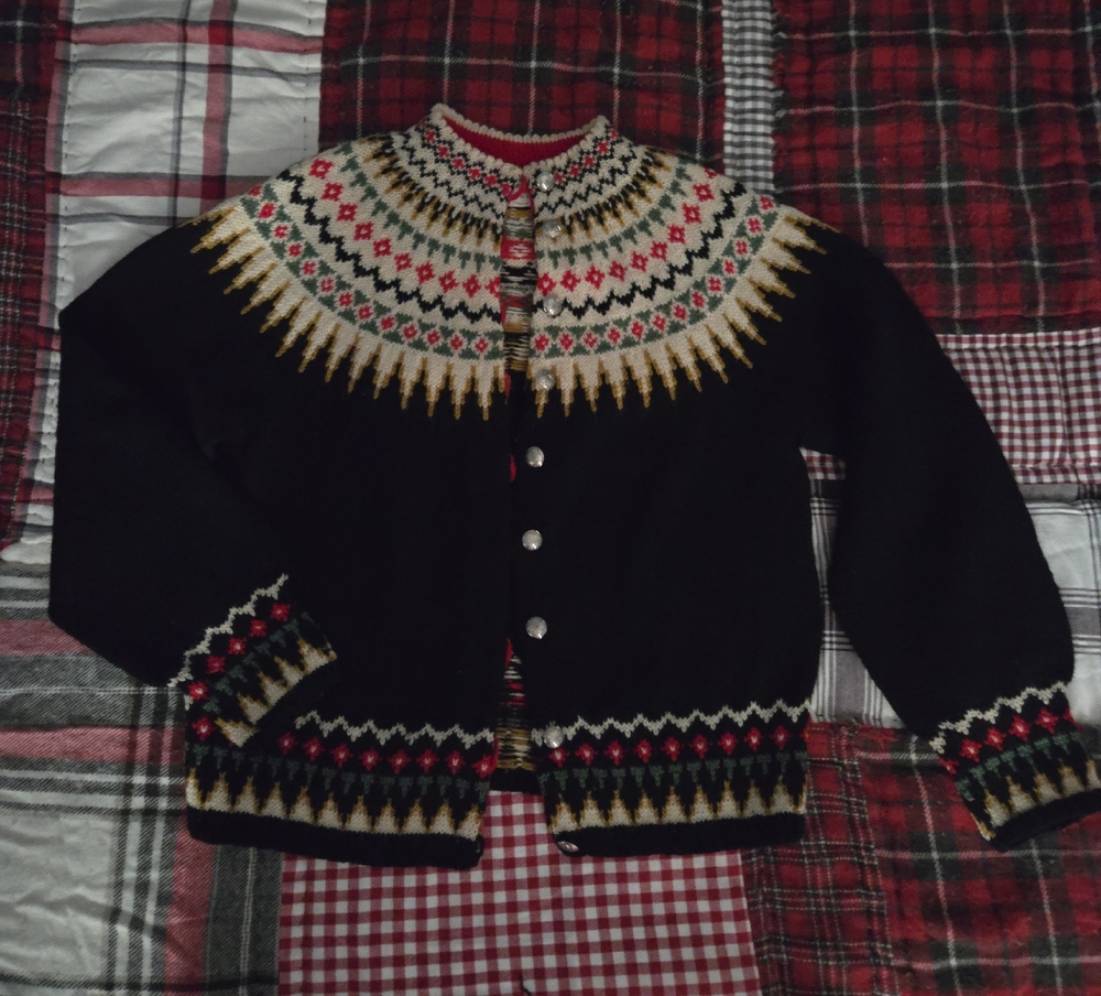 Virgin Wool Norway Black Nordic Pattern  Cardigan